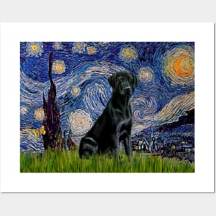 Black Labrador Retriever in Adaptation of Starry NIght by Van Gogh Posters and Art